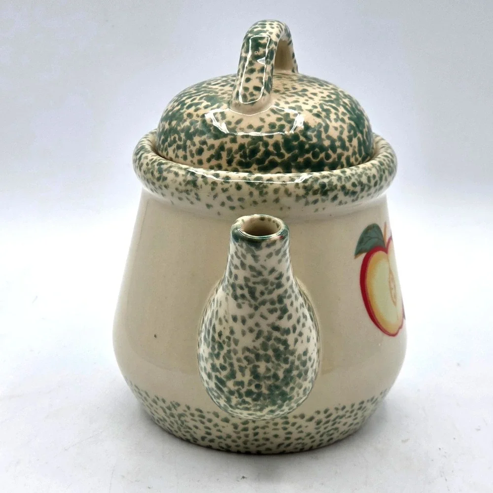Vintage 1996 Tender Heart Treasures Ceramic Teapot Red Apples & Green Spongeware